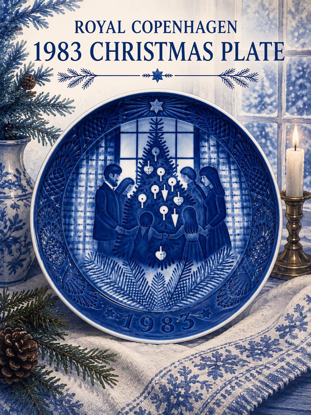 Royal Copenhagen 1983 Christmas Plate Merry Christmas Blue White Denmark 7"